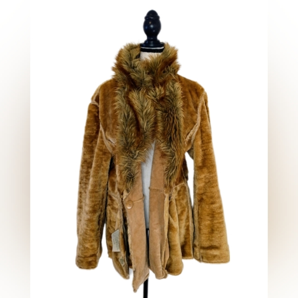Vintage St. John's Bay 90s y2k Penny Lane Style Tan Leather Faux Fur Coat Size L - Picture 12 of 15